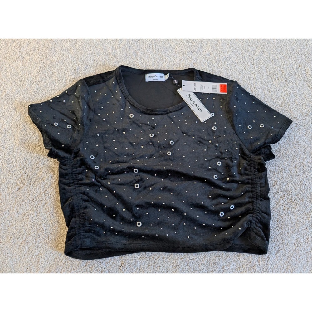 Juicy Couture Studded Embellished Black Velour Crop Top XL NWT J2SNJA89